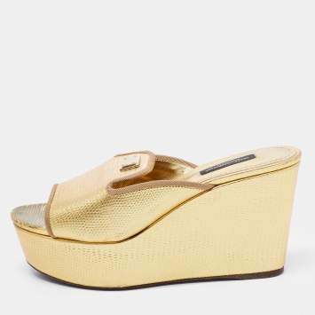 Pre Owned Dolce & Gabbana Gold Lizard Embossed Leather Wedge Platform Slide Sandals Size 36.5