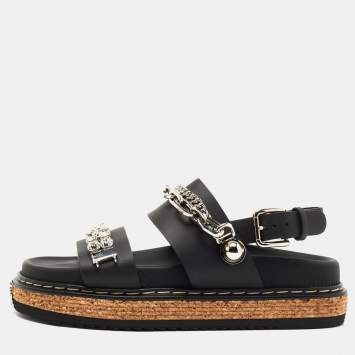 Pre Owned Dolce & Gabbana Black Leather Crystal Embellished Strap Sandals Size 38