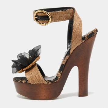Pre Owned Dolce & Gabbana Brown Raffia Platform Ankle Strap Sandals Size 40