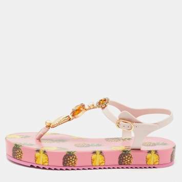 Pre Owned Dolce & Gabbana Pink Rubber Crystal Embellished Thong Flats Size 40
