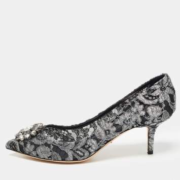 Pre Owned Dolce & Gabbana Grey/Black Lace Crystal Embellished Bellucci Pumps Size 41