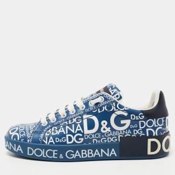 Pre Owned Dolce & Gabbana Blue Leather Logo Print Portofino Low Top Sneakers  Size 38