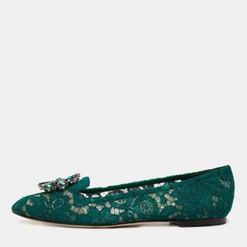 Pre Owned Dolce & Gabbana  Green Lace Taormina  Crystal Embellished Ballet Flats Size 40