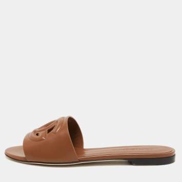 Pre Owned Dolce & Gabbana Brown Leather DG Millennials Flat Slides Size 37