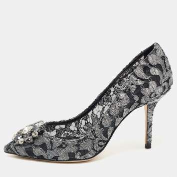 Pre Owned Dolce & Gabbana Metallic Grey/Black Lace Bellucci Pointed Toe Pumps Size 38