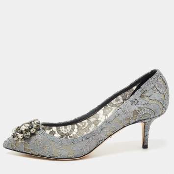 Pre Owned Dolce & Gabbana Grey Lace and Mesh Bellucci Crystal Embellished Pumps Size 40.5