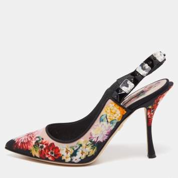 Pre Owned Dolce & Gabbana Multicolor Fabric Floral Print Crystal Embellished Slingback Pumps Size 38.5
