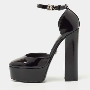 Pre Owned Dolce & Gabbana Black Patent Leather Logo Plaque Platfrom Pumps Size 39.5