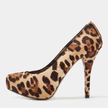 Pre Owned Dolce & Gabbana Brown Leopard Print Calf Hair Platform Pumps Size 37