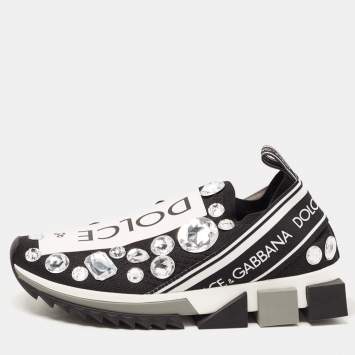 Pre Owned Dolce & Gabbana Black/White Knit Fabric Sorrento Crystals Sneakers Size 38.5
