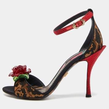 Pre Owned Dolce & Gabbana Beige/Black Leopard Print Canvas and Satin Rose Applique Ankle Strap Sandals Size 35