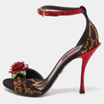 Pre Owned Dolce & Gabbana Beige/Black Leopard Print Canvas and Satin Rose Applique Ankle Strap Sandals Size 37