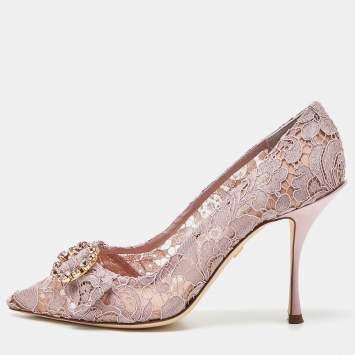 Pre Owned Dolce & Gabbana Lilac Lace Crystal Embellishment Pointed Toe Pumps Size 39