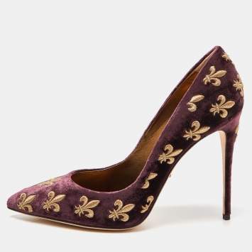 Pre Owned Dolce & Gabbana Burgundy Velvet Embroidered Lily Pointed Toe Pumps Size 39