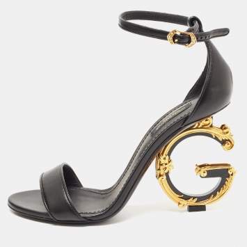 Pre Owned Dolce & Gabbana Black Leather Keira DG Heel Ankle Strap Sandals Size 38.5