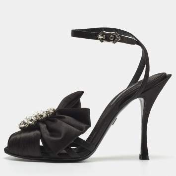 Pre Owned Dolce & Gabbana Black Pleated Satin Crystal Embellished Ankle Strap Sandals Size 35.5