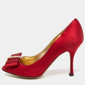 Pre Owned Dolce & Gabbana Red Satin Crystal Embellished Bow Peep Toe Pumps Size 37
