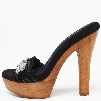 Pre Owned Dolce & Gabbana Black Woven Raffia and Fabric Crystal Embellished Platform Slide Sandals Size 38