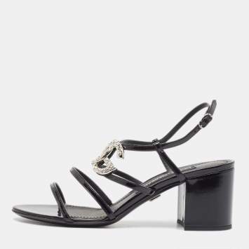 Pre Owned Dolce & Gabbana Black Patent Slingback Block Heel Sandals Size 37.5