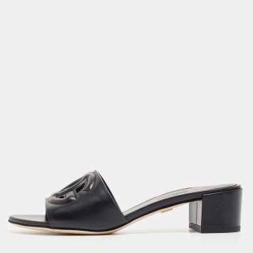 Pre Owned Dolce & Gabbana Black Leather DG Cut Out Slide Sandals Size 37