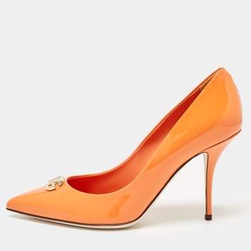 Pre Owned Dolce & Gabbana Orange Patent Leather DG Buckle Pumps Size 37.5