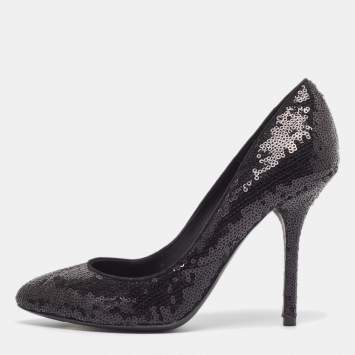 Pre Owned Dolce & Gabbana Black Sequins Round Toe Pumps Size 37.5