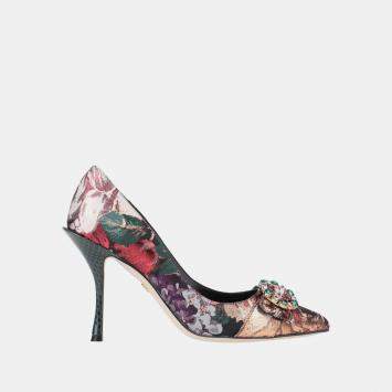 Pre Owned Dolce & Gabbana Snakeskin and Brocade Fabric Pumps Size 35.5