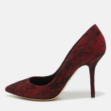 Pre Owned Dolce & Gabbana Black/Dark Red Lace and Suede Pointed Toe Pumps Size 37