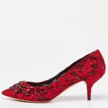 Pre Owned Dolce & Gabbana Red Lace Crystal Embellished Pumps Size 41