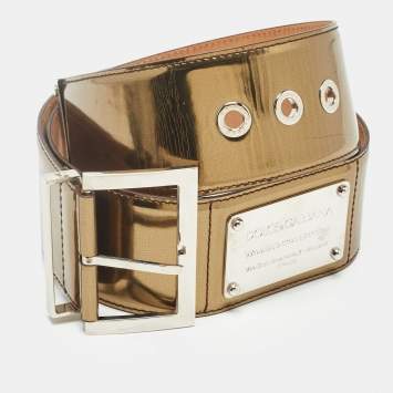 Pre Owned Dolce & Gabbana Gold Patent Leather Logo Plaque Wide Belt 85CM