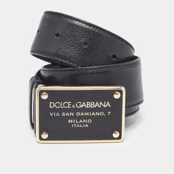 Pre Owned Dolce & Gabbana Black Leather Logo Plaque Buckle Belt 80 CM