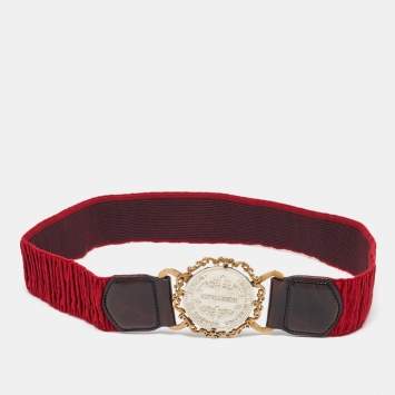 Pre Owned Dolce & Gabbana Red Elastic Gaufre Heritage Buckle Belt 70CM 