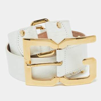 Pre Owned Dolce & Gabbana Off White Leather DG Logo Buckle Waist Belt 85CM