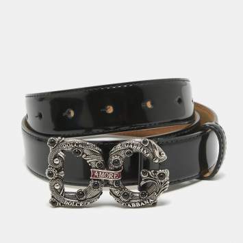 Pre Owned Dolce & Gabbana Black Patent Leather DG Amore Logo Belt 85CM