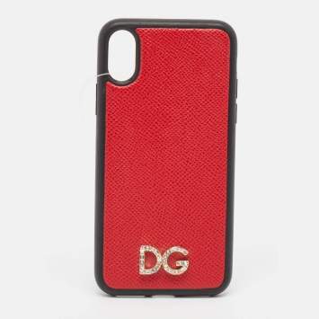 Pre Owned Dolce & Gabbana Red/Black DG Logo Crystals iPhone X Case 