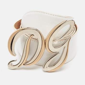 Pre Owned Dolce & Gabbana White Leather DG Logo Buckle Belt 95CM