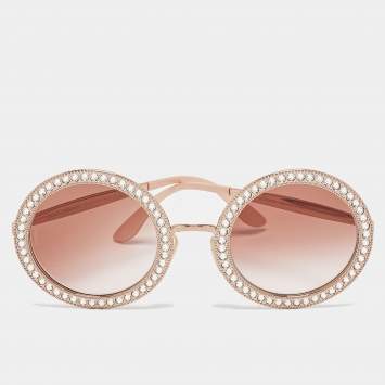 Pre Owned Dolce & Gabbana Rose Gold Gradient  D 2170-B Crystals Embellished Round Sunglasses