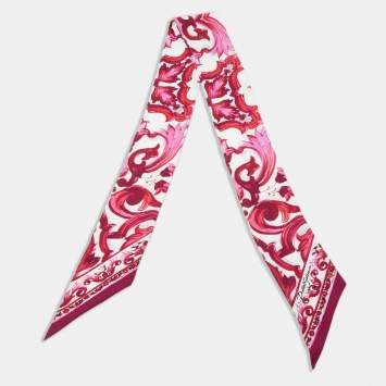 Pre Owned Dolce & Gabbana Pink/White Majolica Print Silk Bandeau Head Scarf