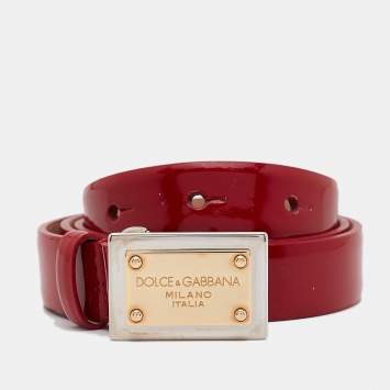 Pre Owned Dolce & Gabbana Red Patent Leather Logo Plaque Belt 75 CM