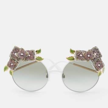 Pre Owned Dolce & Gabbana White/Black Gradient DG 2186 Floral Embellished Round Sunglasses