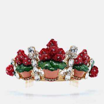 Pre Owned Dolce & Gabbana Crystal Composite Geranium Filigree Diadem Tiara Crown 