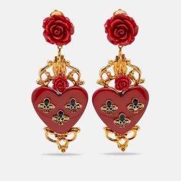 Pre Owned Dolce & Gabbana Fleur de Lis Heart Resin Enamel Gold Tone Long Earrings