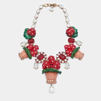 Pre Owned Dolce & Gabbana  Crystal Geranium Pot Flower Necklace Chocker Gold Tone Red Green Necklace