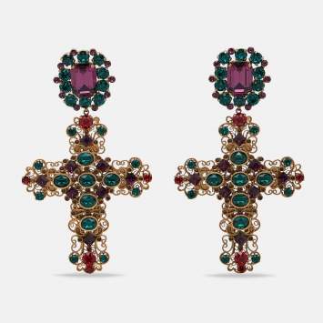 Pre Owned Dolce & Gabbana Cross Crystals Gold Tone Earrings