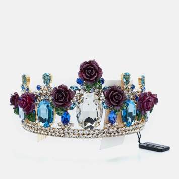 Pre Owned Dolce & Gabbana Gold Tone Resin Flower & Crystal Embellished Tiara