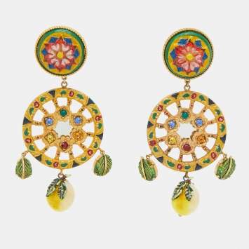 Pre Owned Dolce & Gabbana  Lemon Composite Enamel Crystals Gold Tone Earrings