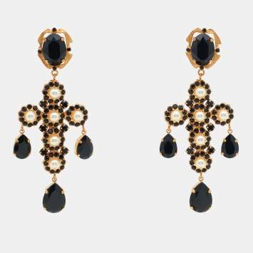 Pre Owned Dolce & Gabbana Cross Crystals Faux Pearl Gold Tone Earrings