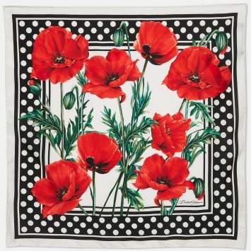 Pre Owned Dolce & Gabbana White Poppy Print Silk Square Scarf