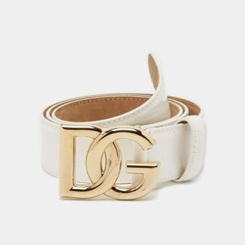 Pre Owned Dolce & Gabbana White Leather DG Logo Buckle Belt 85CM
