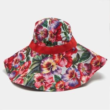 Pre Owned Dolce & Gabbana Red Poppy Print Cotton Wide Brim Hat 57
